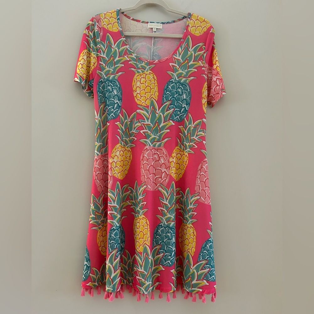 Simply Southern Charleston Dress Cover Up Sz Small Pineapple Design Pink Tassel